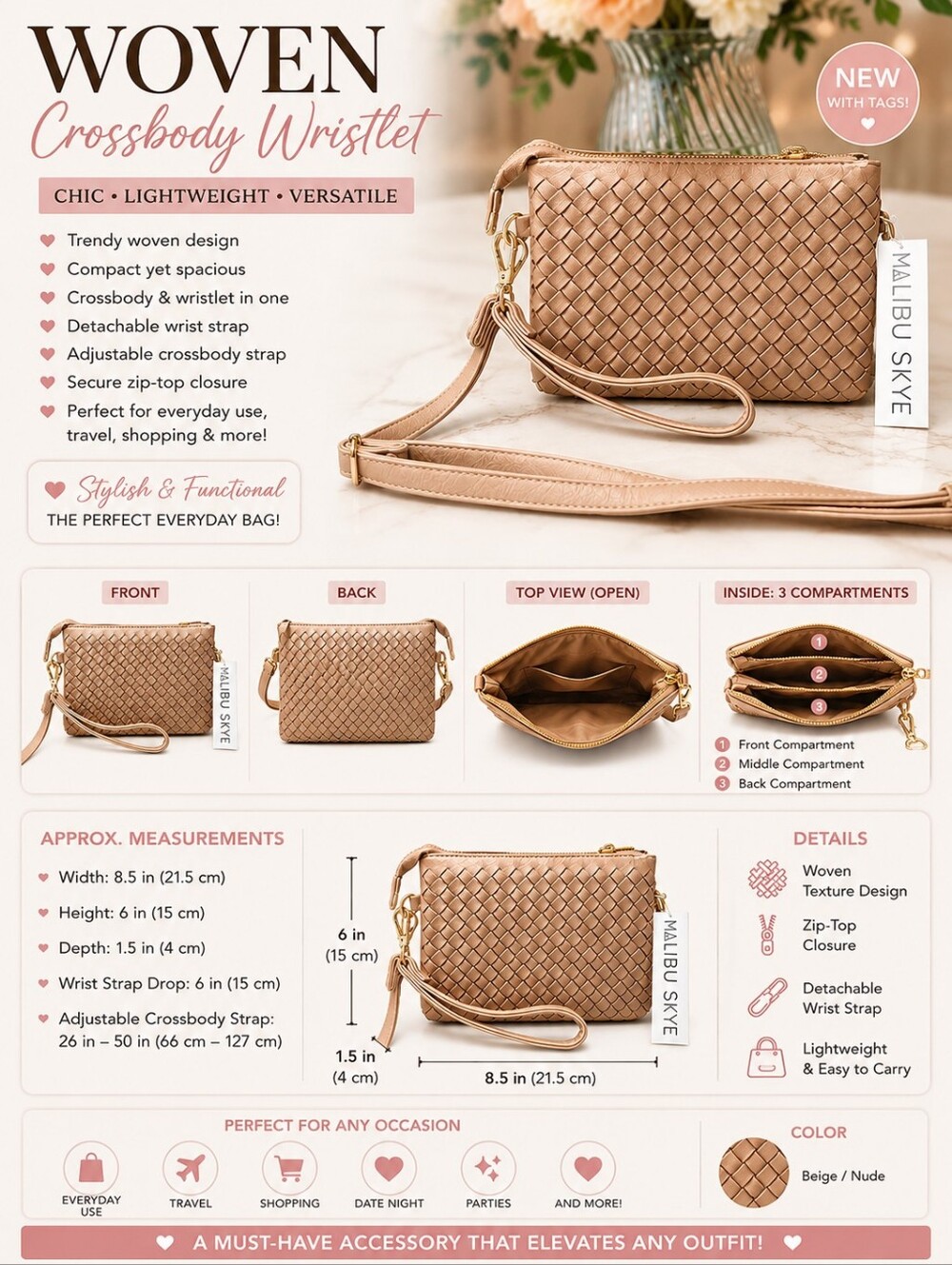 MALIBU SKYE Beige Woven CROSSBODY Wristlet